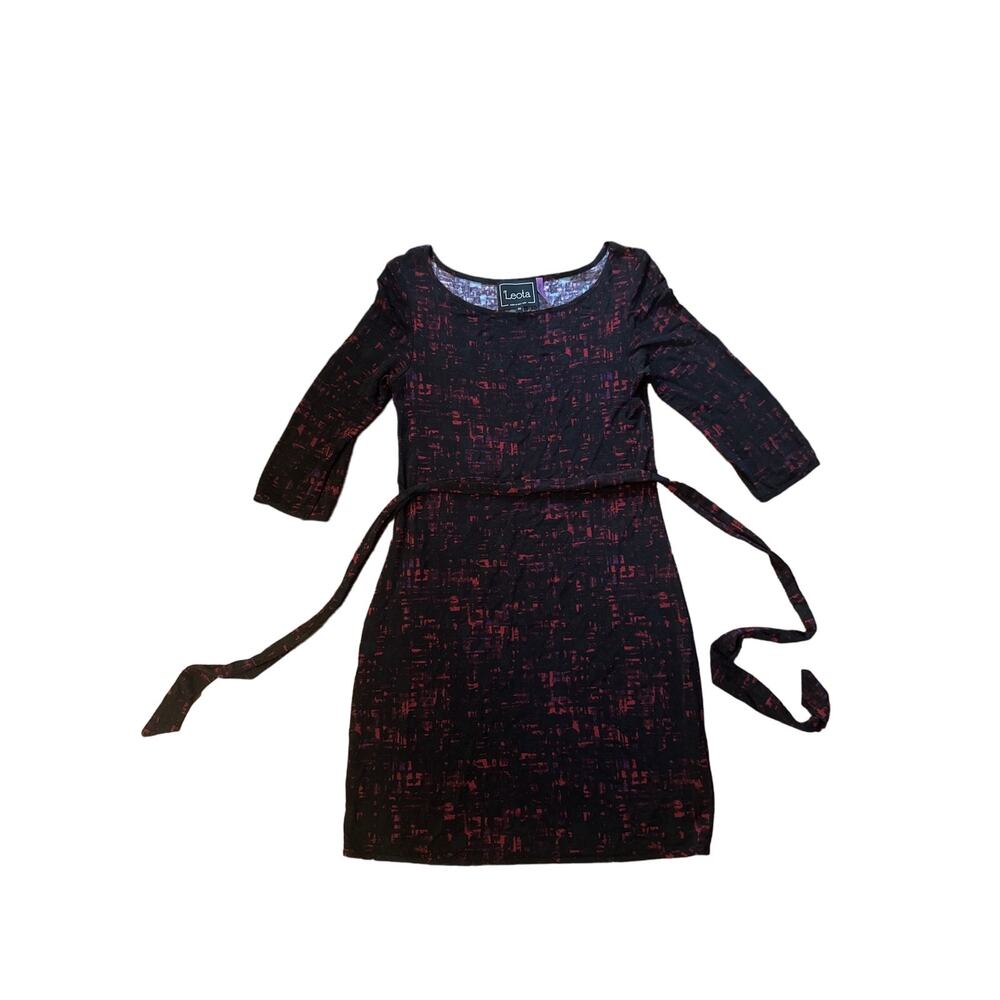Women XS Leota Belted Tie Black Print Dress Long Slv Sheath Stretch Handmade NY
